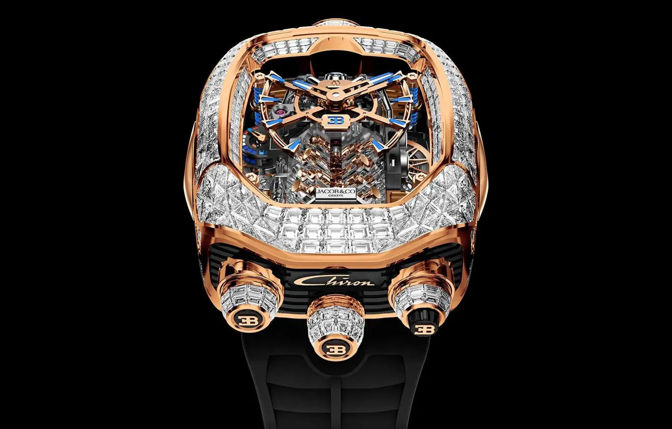 Photo wallpaper gold, diamonds, dial, black background, Bugatti, luxury, luxury, diamonds