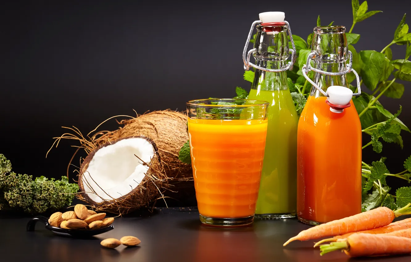 Photo wallpaper greens, background, coconut, juice, juice, drink, nuts, carrots