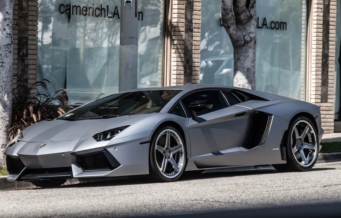 Photo wallpaper silver, lamborghini, street, aventador