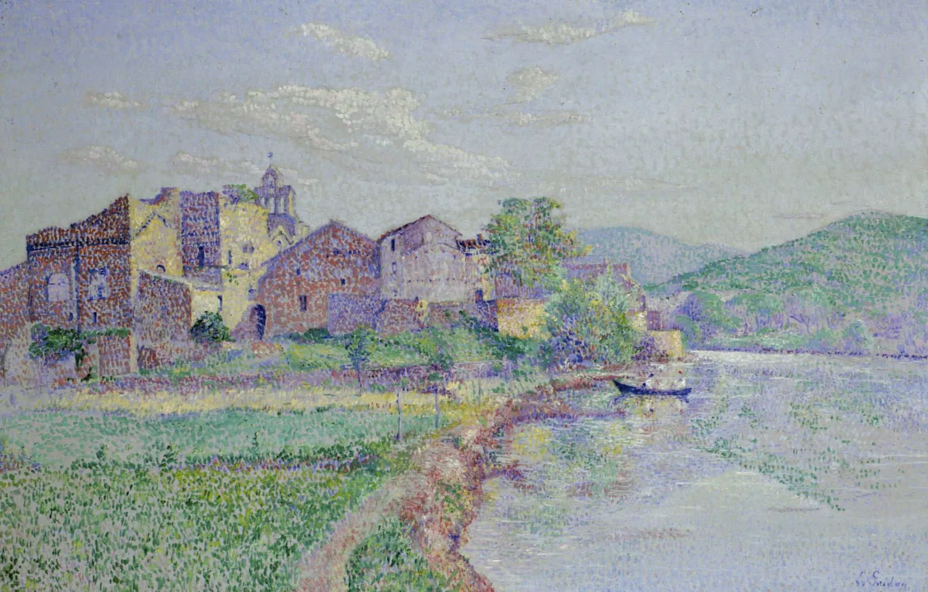 Photo wallpaper landscape, picture, pointillism, Louis Gaidan, Remoulins. Pont du Gard