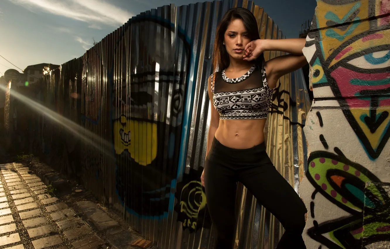 Photo wallpaper look, girl, the sun, sexy, pose, graffiti, model, the fence