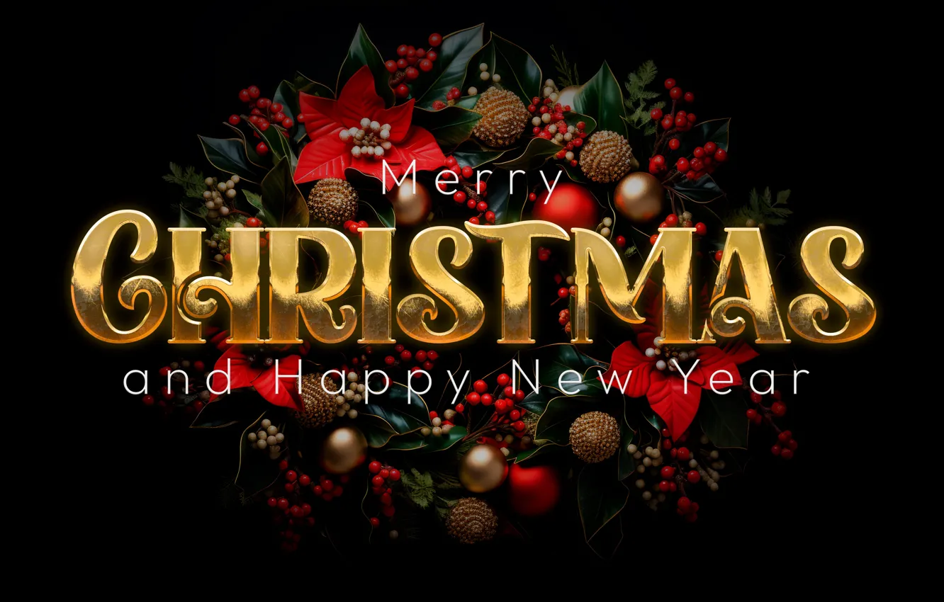 Photo wallpaper leaves, flowers, the inscription, toy, new year, Christmas, black background, gold plated