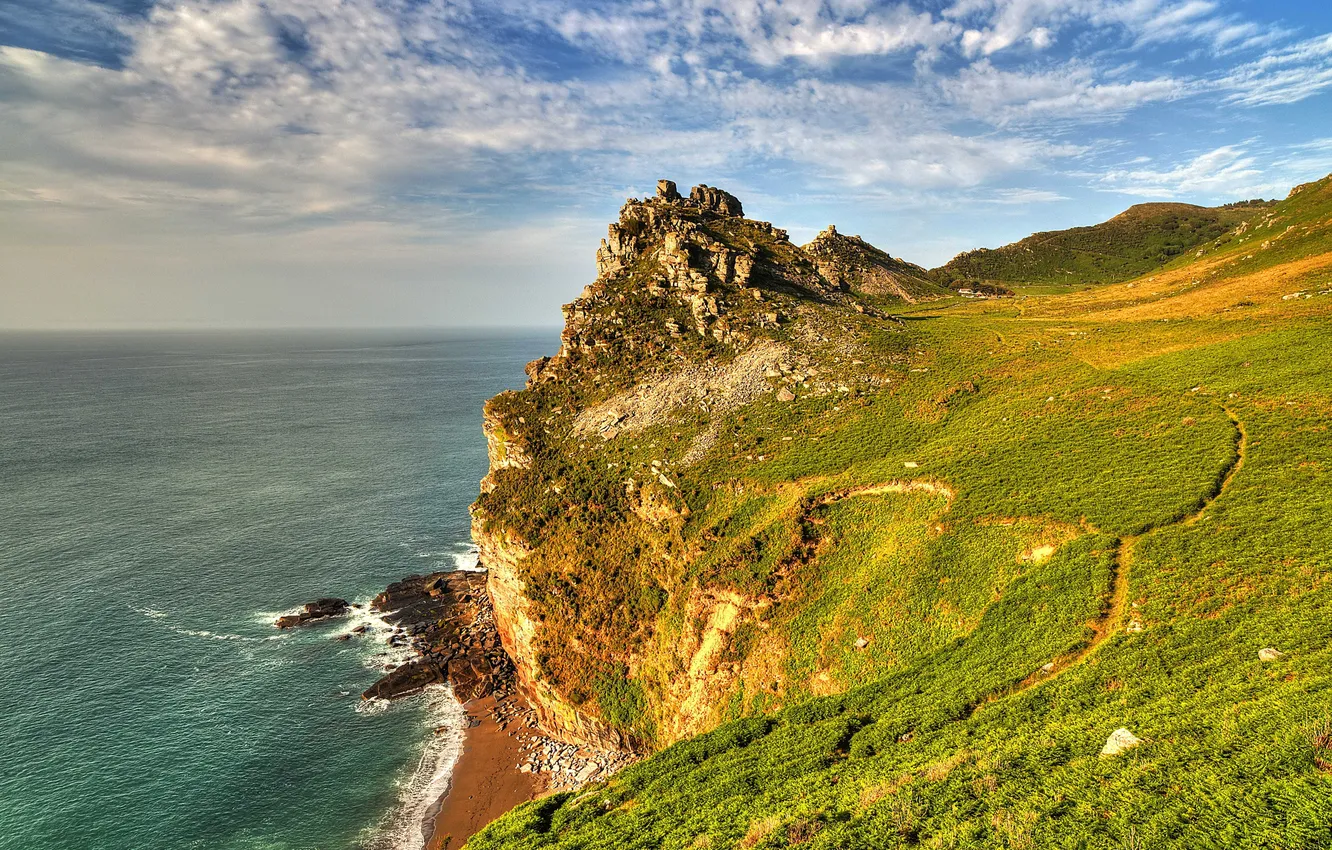 Photo wallpaper wave, field, beach, the sky, grass, clouds, landscape, mountains