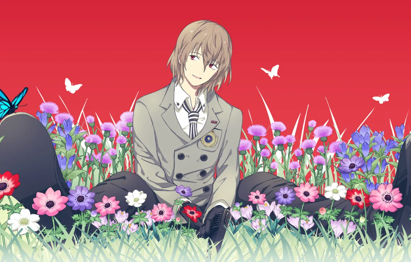 Photo wallpaper flowers, the game, anime, meadow, art, guy, Person 5, Persona 5