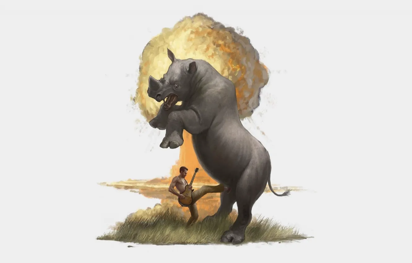 Photo wallpaper grass, the explosion, figure, guitar, man, humor, Rhino