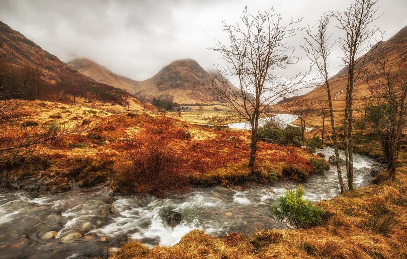 Photo wallpaper autumn, clouds, trees, mountains, river, Scotland, Scottish highlands