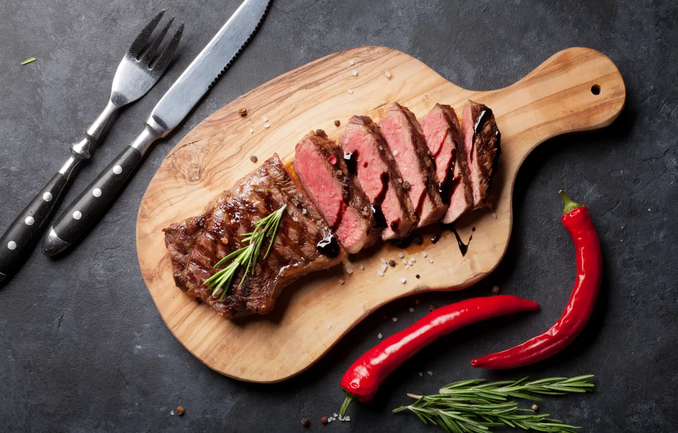 Photo wallpaper greens, Board, pepper, Cutlery, steak