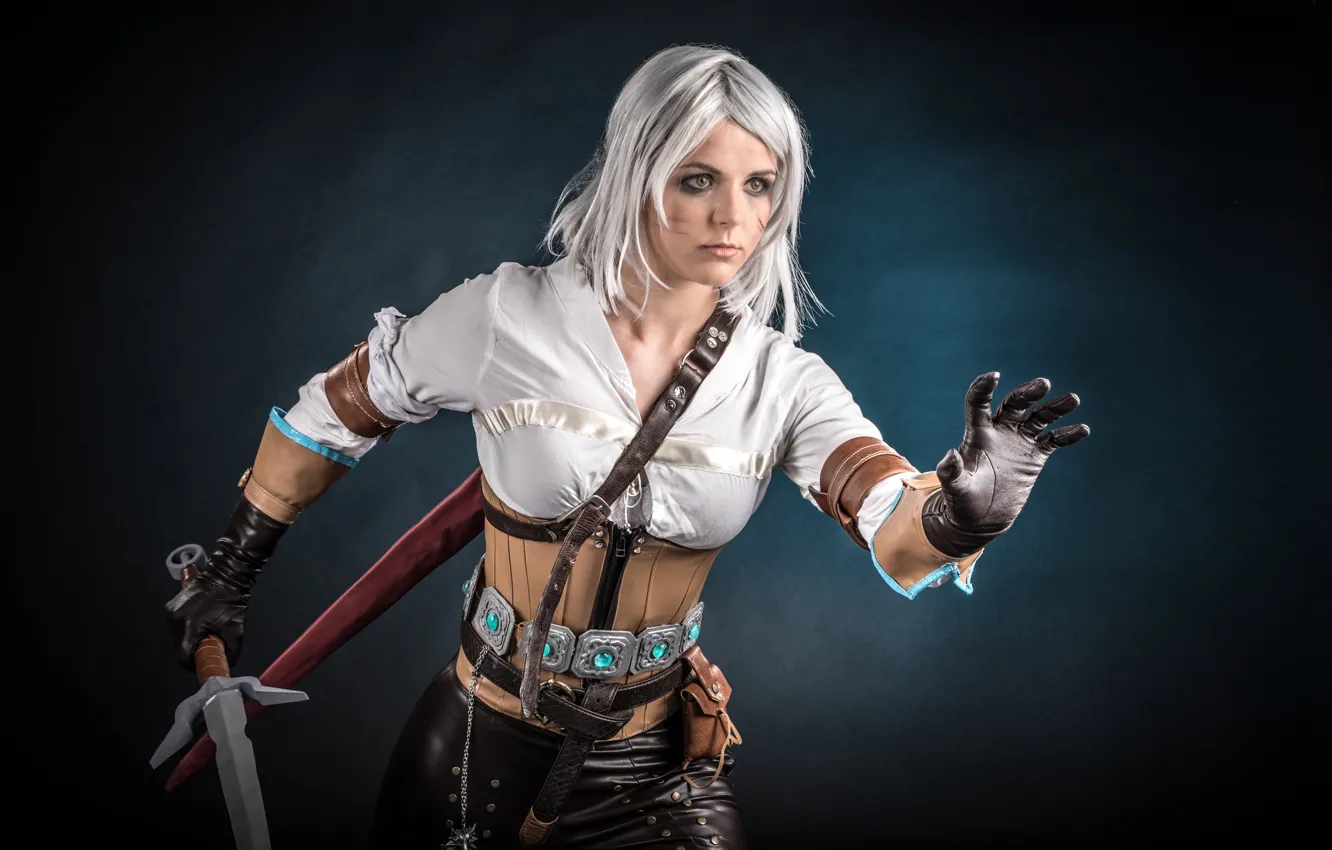 Photo wallpaper girl, sword, blood, game, The Witcher, woman, ken, wolf
