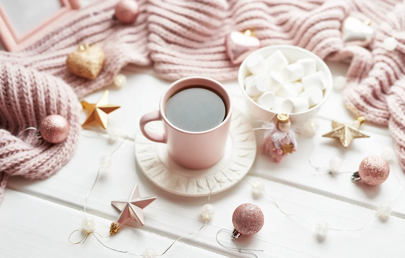 Photo wallpaper comfort, coffee, Christmas, scarf, Cup, decor, marshmallows, Yarovoy Aleksandr