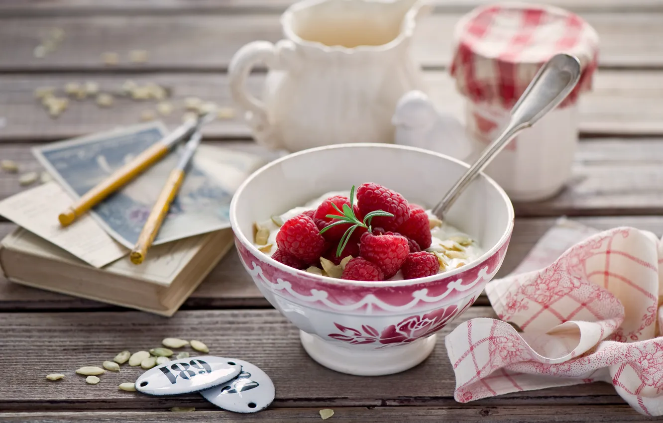 Photo wallpaper berries, raspberry, Breakfast, still life, cheese, bowl, the number plates