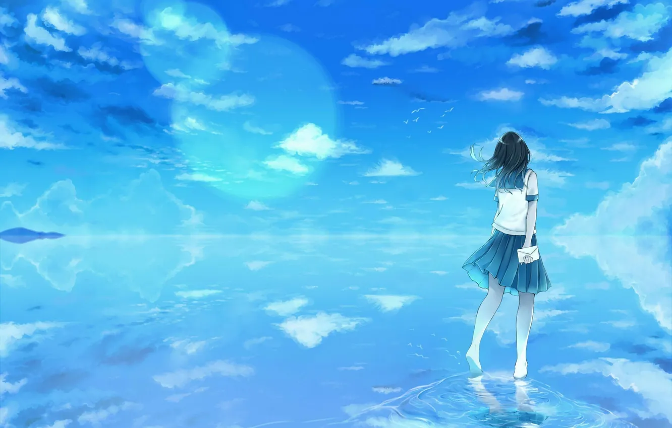 Photo wallpaper the sky, letter, water, girl, clouds, reflection, anime, art