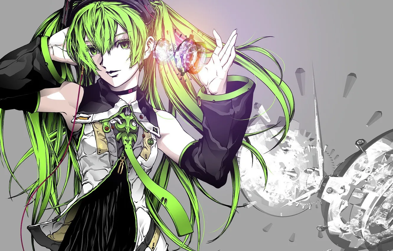 Photo wallpaper girl, mechanism, art, tie, vocaloid, hatsune miku, green hair, Nagimiso