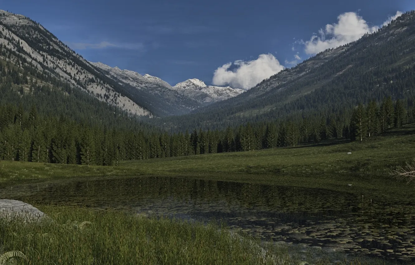 Photo wallpaper grass, clouds, trees, mountains, lake, pond, swamp, art
