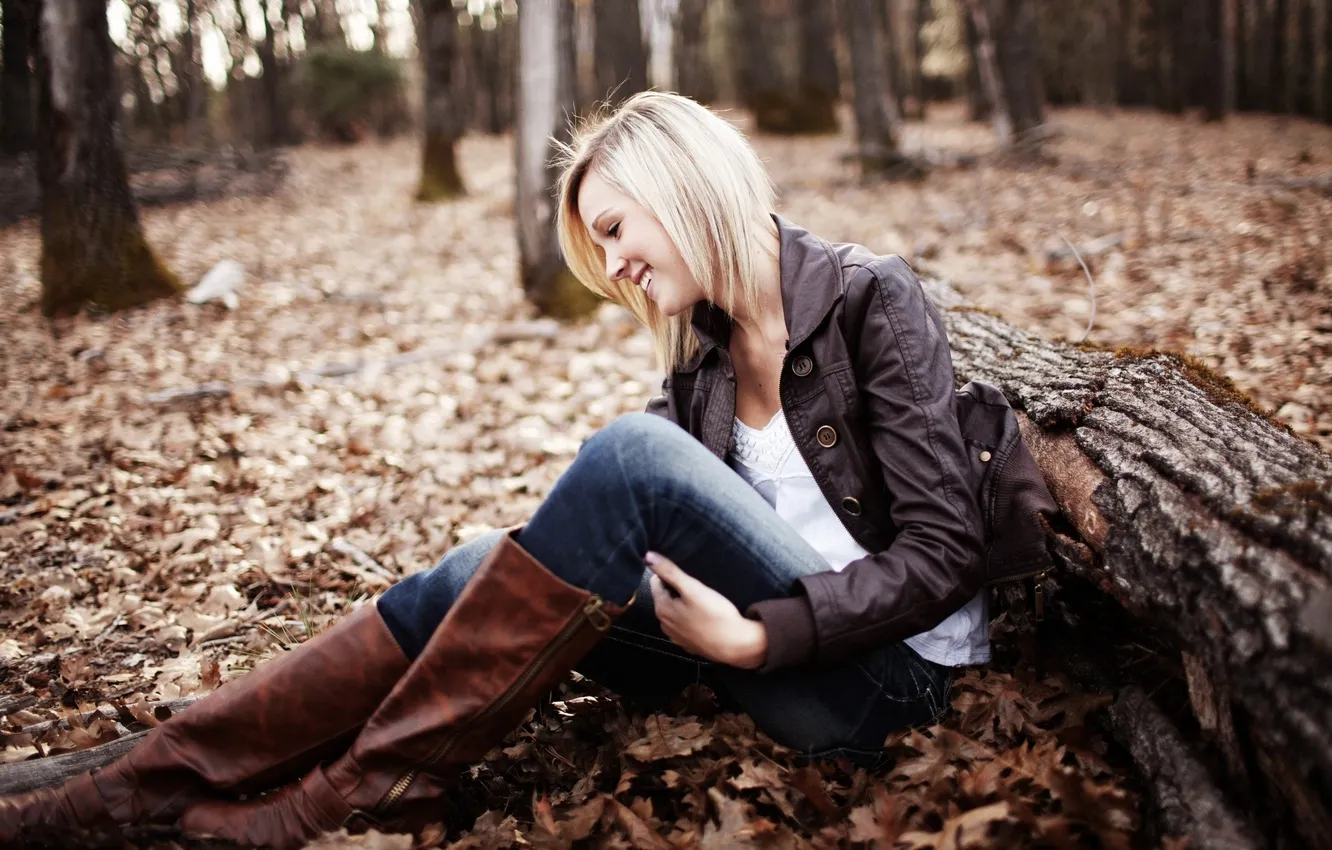 Photo wallpaper forest, girl, smile, boots, blonde, log