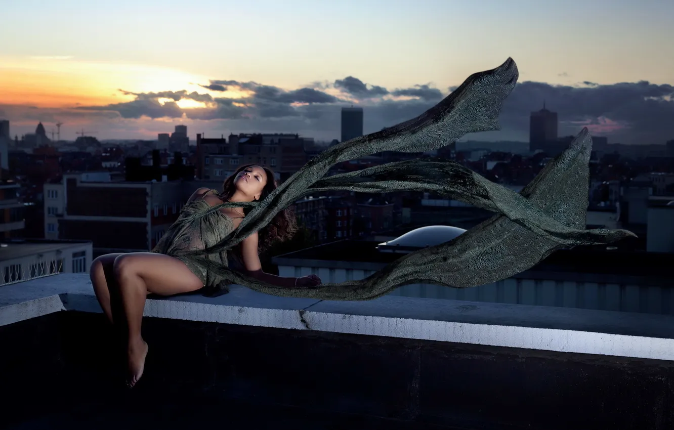 Photo wallpaper roof, girl, the city