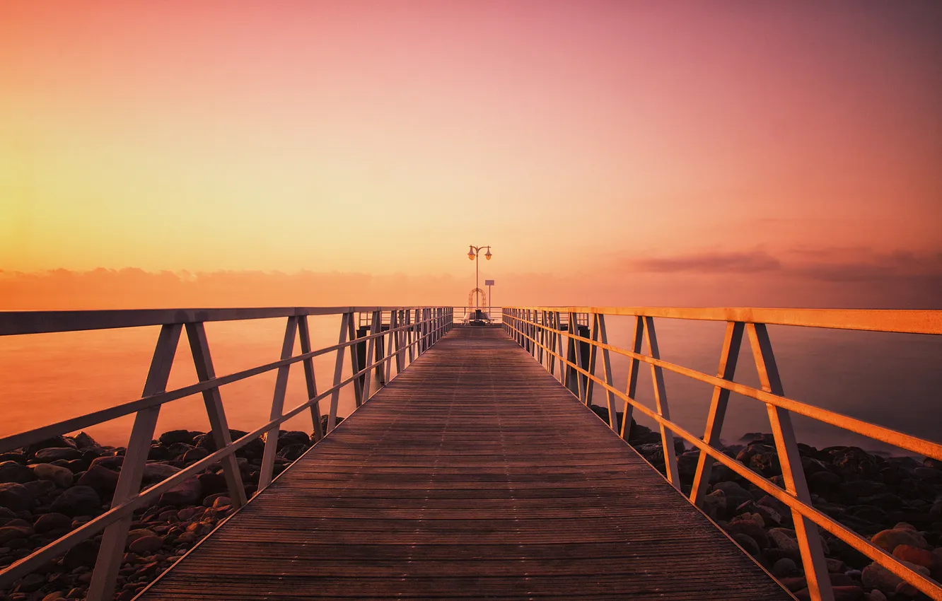 Photo wallpaper sunset, lake, pierce, lamppost, pink sky, sotnes
