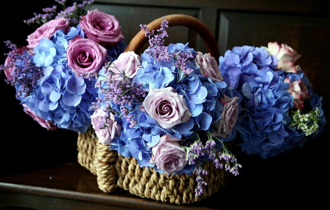 Photo wallpaper flowers, pink, blue, roses, basket, hydrangea