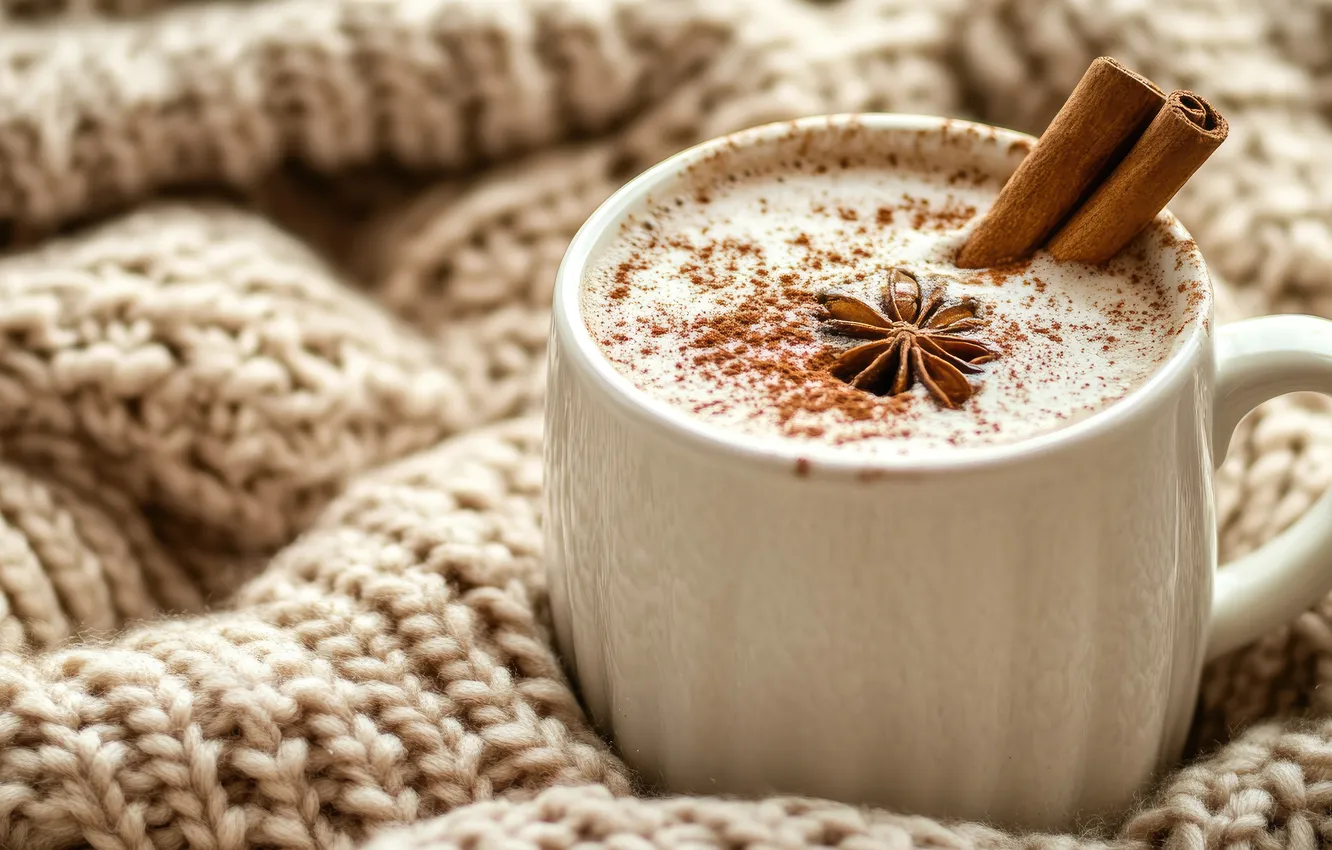 Photo wallpaper comfort, heat, coffee, Cup, plaid, cinnamon, cappuccino, Anis
