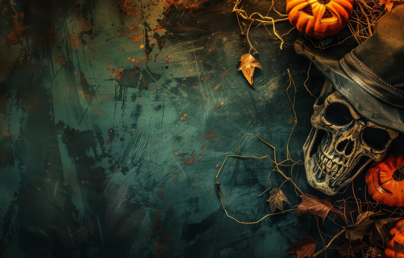 Photo wallpaper autumn, branches, holiday, skull, hat, pumpkin, Halloween, Halloween