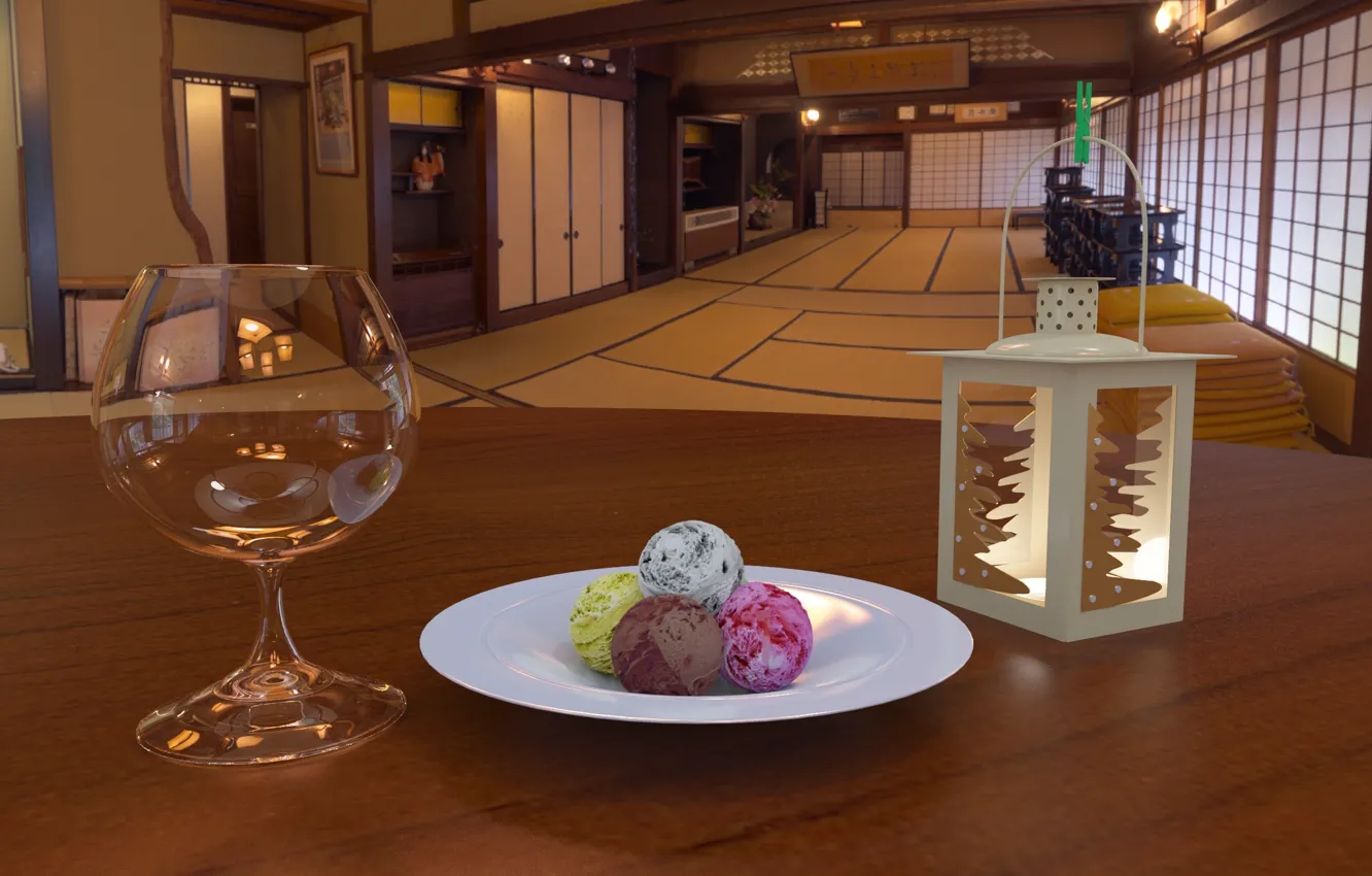 Photo wallpaper trees, table, interior, 3ds max, Vray