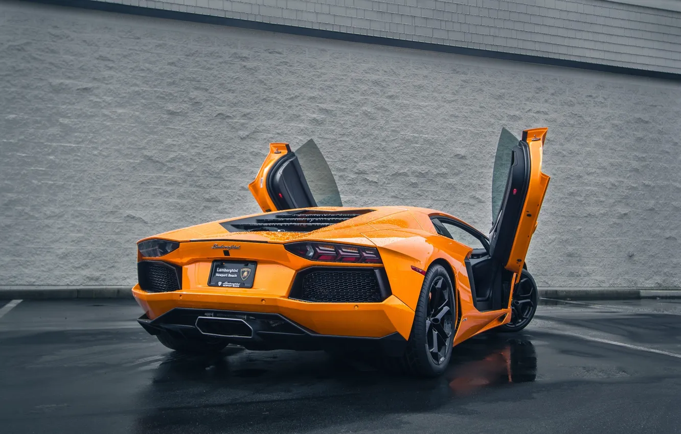 Photo wallpaper Lamborghini, Auto, Rain, LP700-4, Aventador, Wet, Rear, Asphalt