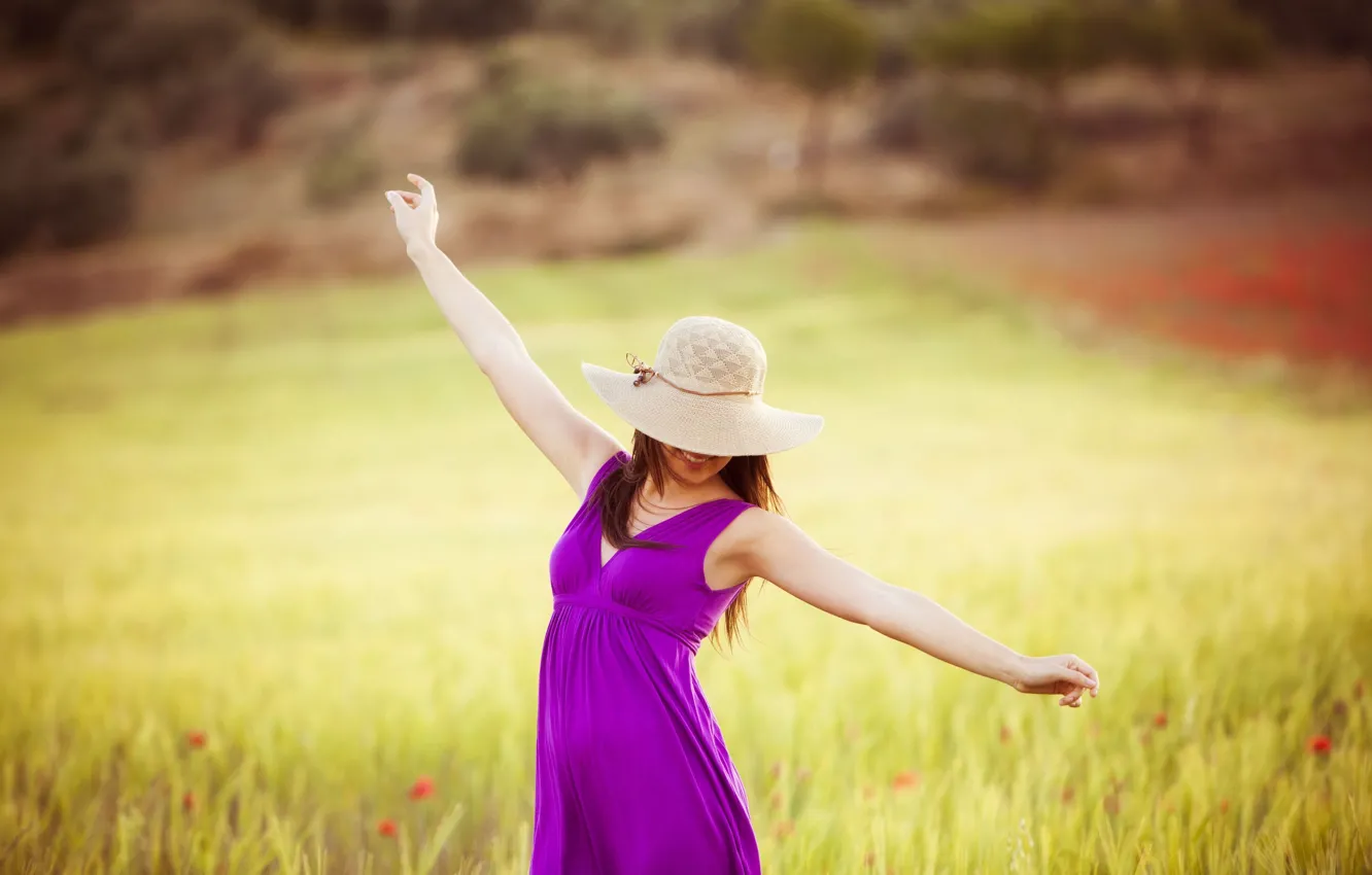 Photo wallpaper field, freedom, leaves, girl, trees, joy, happiness, flowers