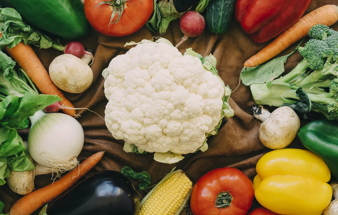Photo wallpaper mushrooms, bow, pepper, vegetables, carrots, cabbage