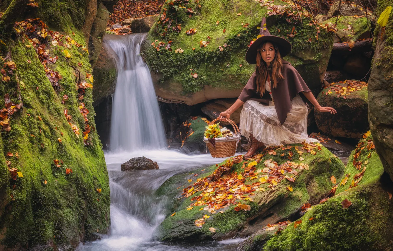 Photo wallpaper autumn, leaves, girl, nature, stones, basket, waterfall, moss