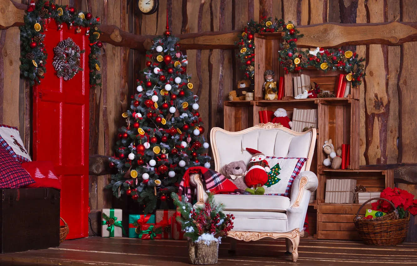 Photo wallpaper decoration, room, balls, toys, tree, New Year, Christmas, gifts