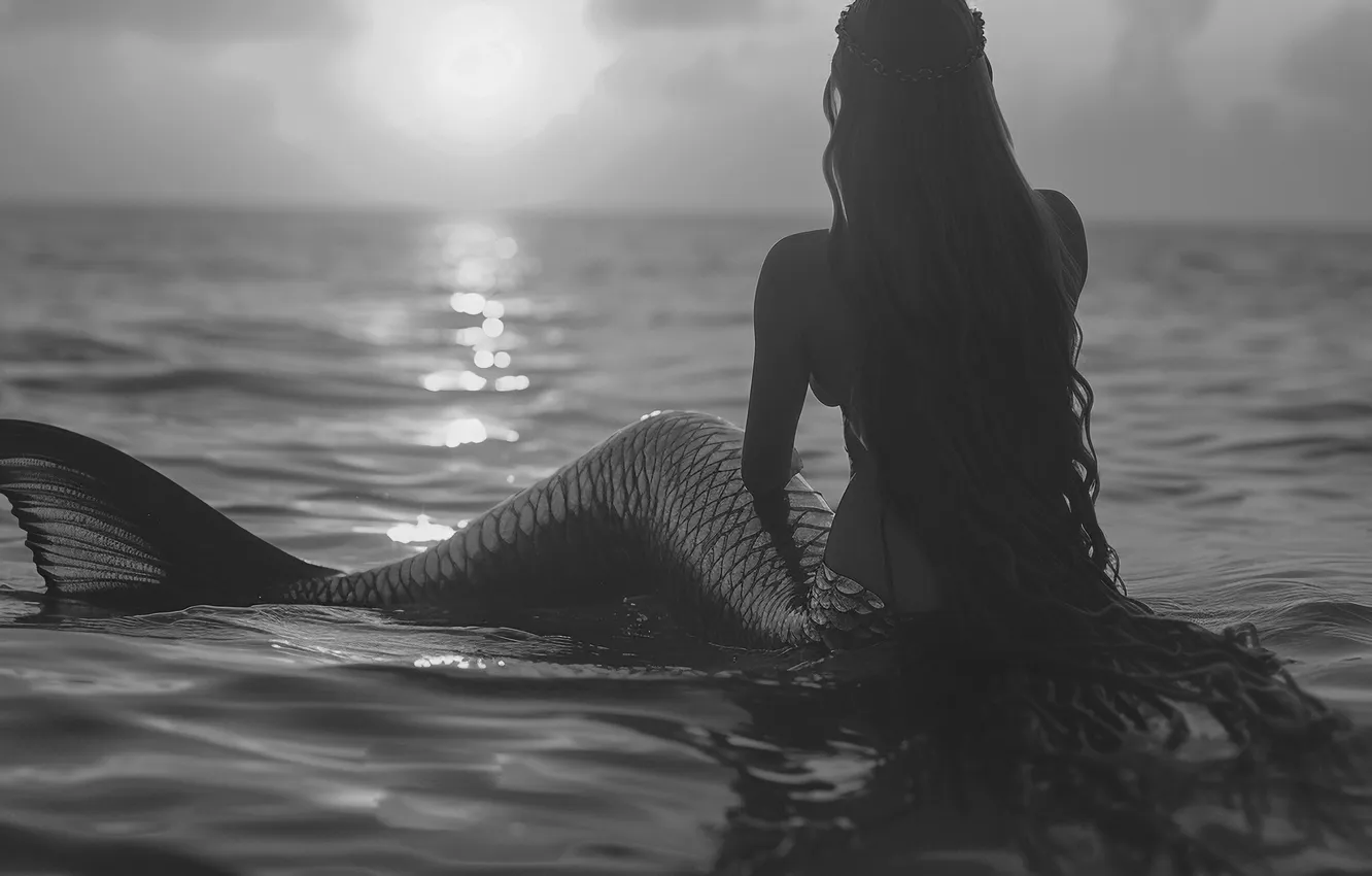 Photo wallpaper water, girl, dawn, hair, mermaid, tail, back, black and white