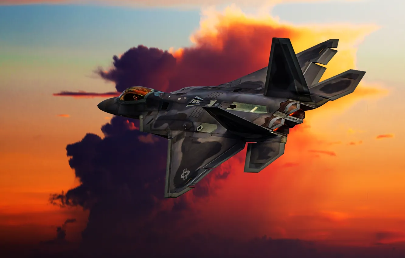 Photo wallpaper the sky, clouds, flight, predator, fighter, art, USA, the plane