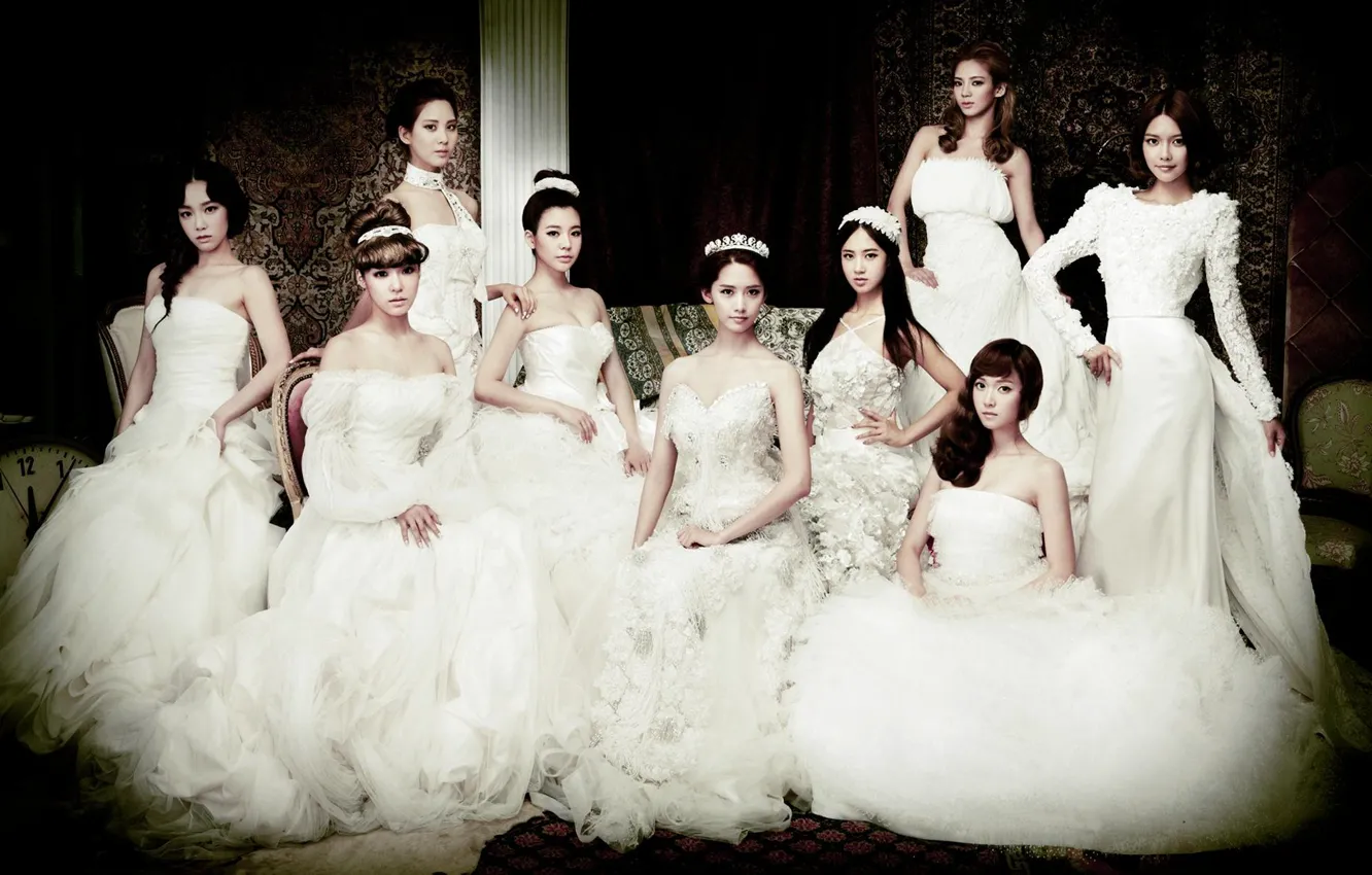 Photo wallpaper girls, posing, white, the bride, Asian girls, dresses, SNSD, Girls Generation