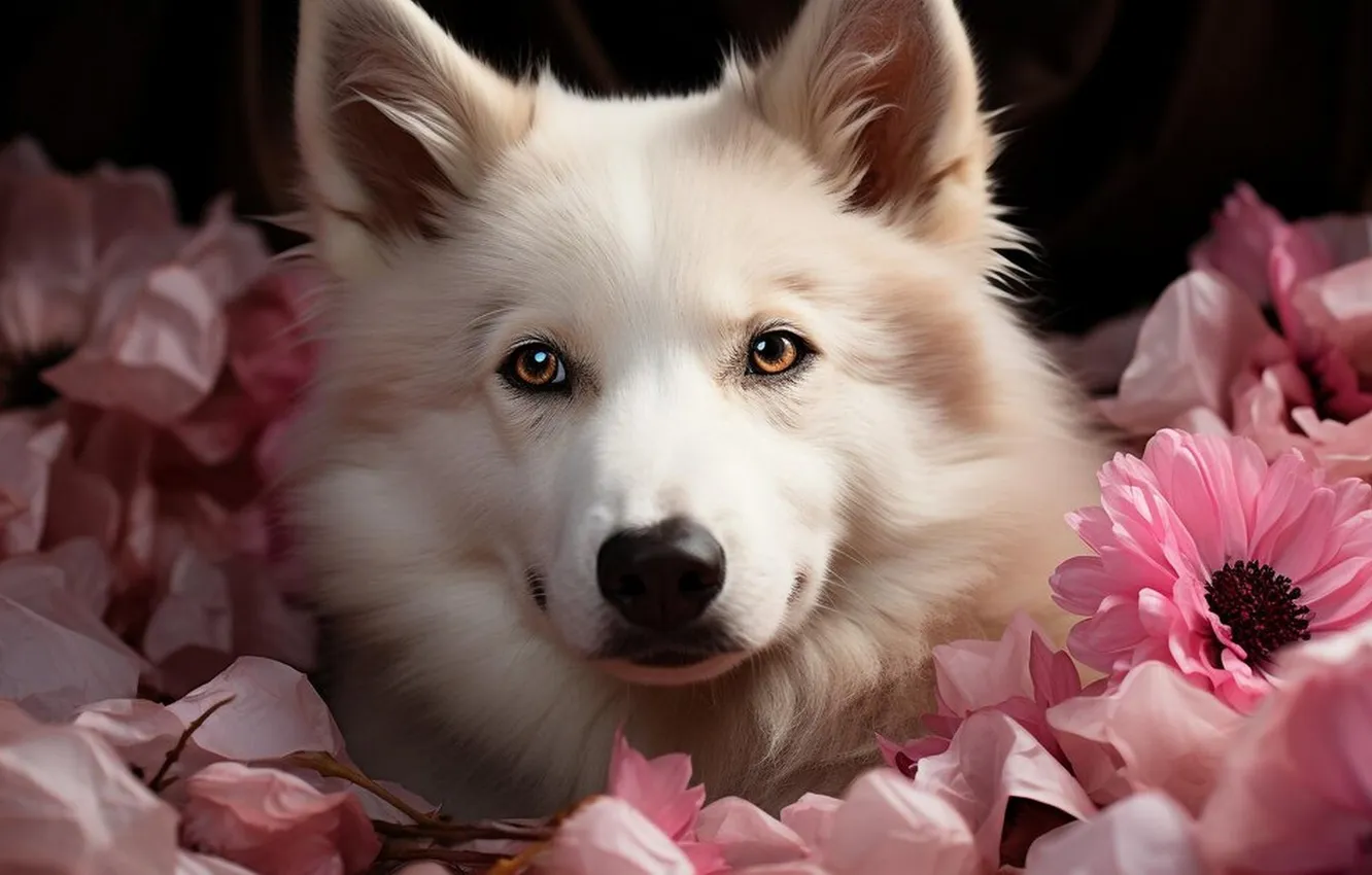 Photo wallpaper white, flowers, dog, generated by AI
