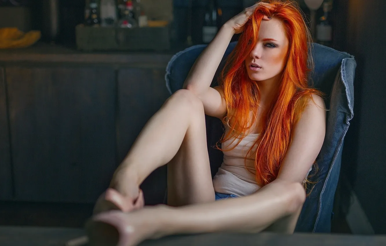 Photo wallpaper feet, chair, Mike, shoes, red, redhead, redhair