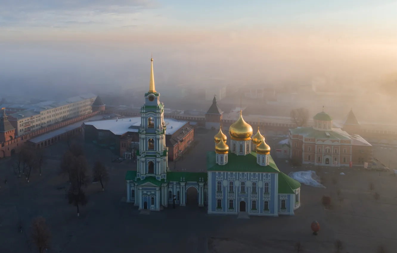 Photo wallpaper the city, fog, morning, temple, The Kremlin, the dome, Tula