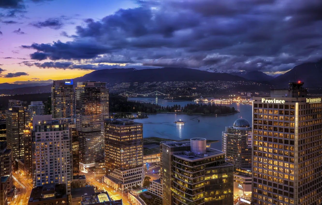 Photo wallpaper building, Canada, panorama, Vancouver, Canada, night city, Vancouver