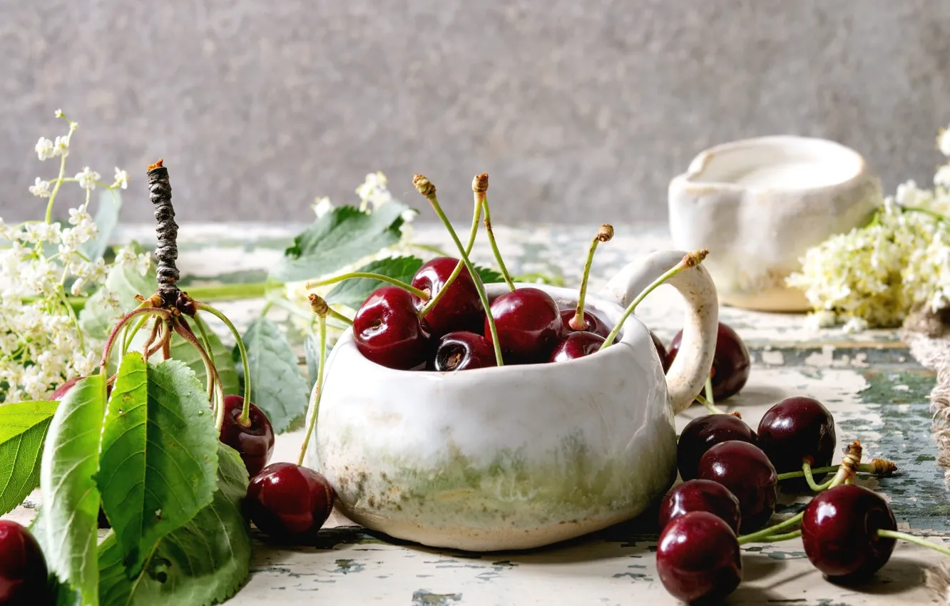 Photo wallpaper leaves, cherry, table, bowl, Natasha Breen