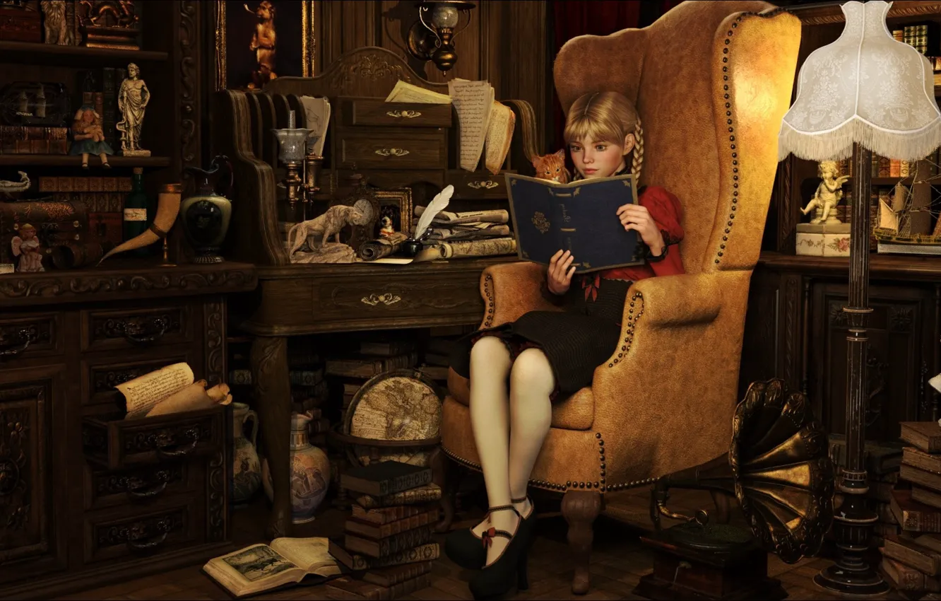 Photo wallpaper girl, cat, art, comfort, interior, rendering, books, relaxation