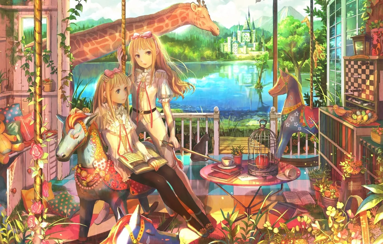 Photo wallpaper castle, swing, toy, anime, girl