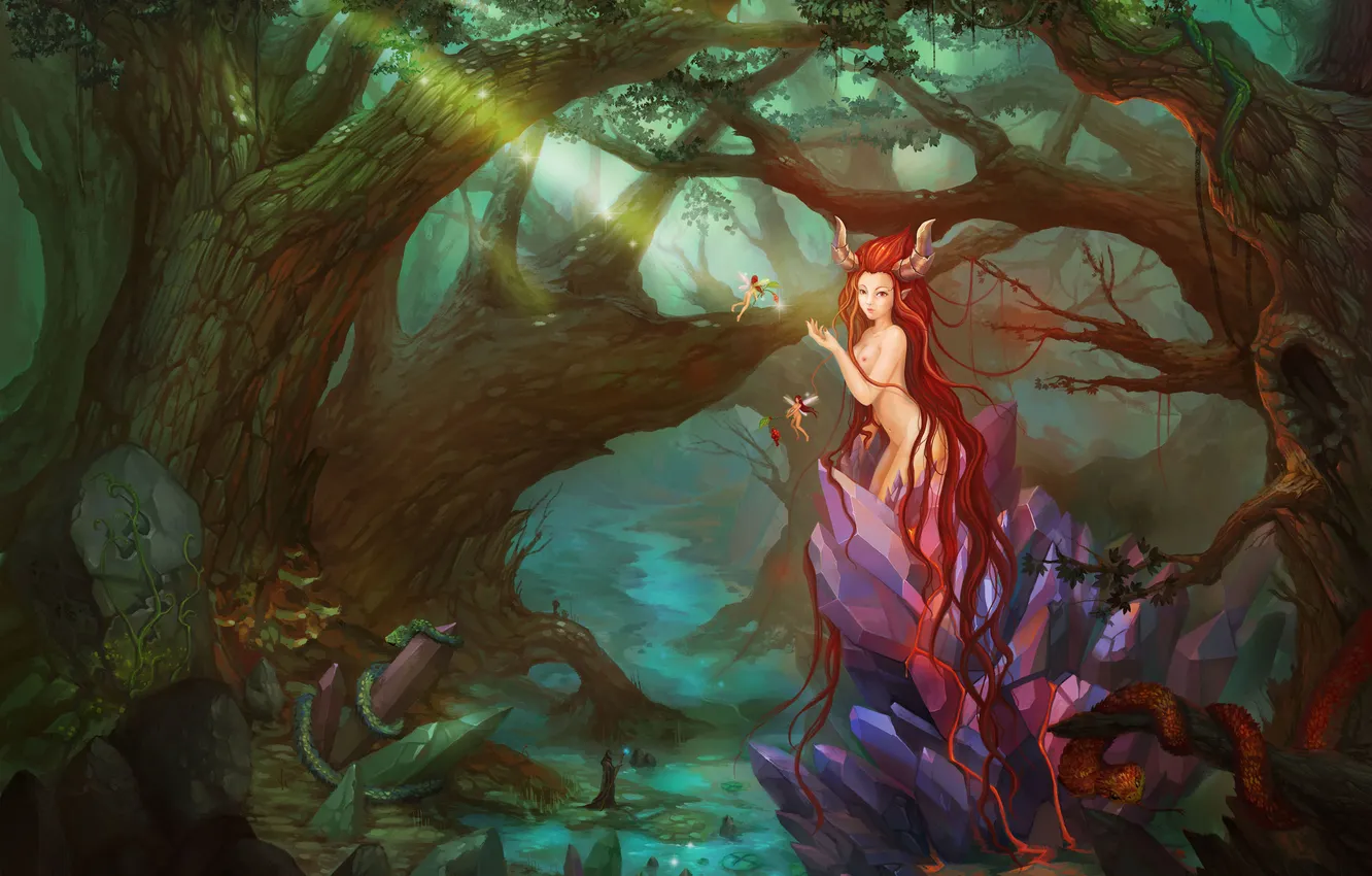 Photo wallpaper forest, girl, stream, hair, thicket, fairy, fantasy, art