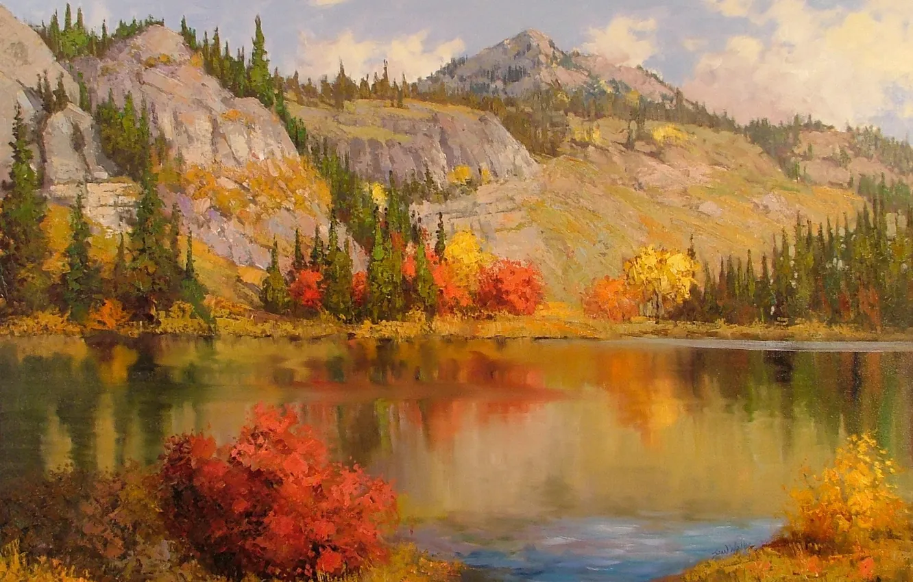 Photo wallpaper autumn, clouds, trees, landscape, nature, lake, mountain, art
