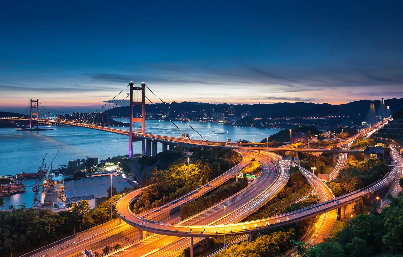 Photo wallpaper sunset, the city, Hong Kong, the evening, Hong Kong, suspension bridge, Tsing mA bridge