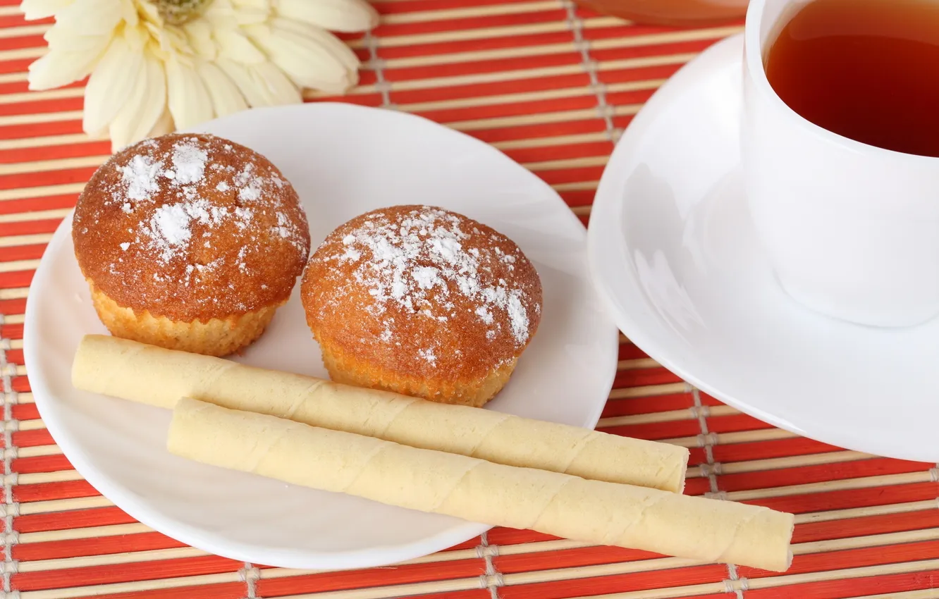 Photo wallpaper flowers, tea, Cup, cupcakes