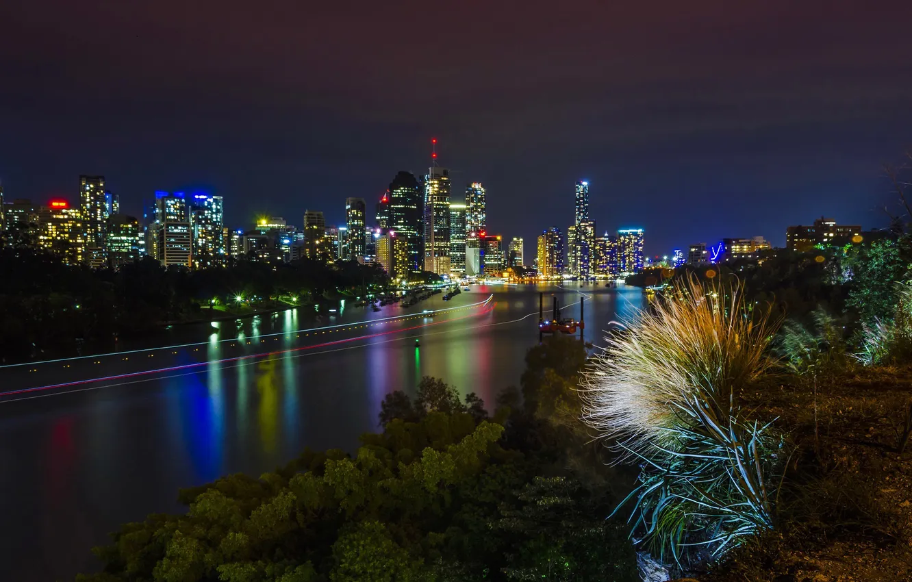 Photo wallpaper night, lights, river, shore, home, Australia, Melbourne