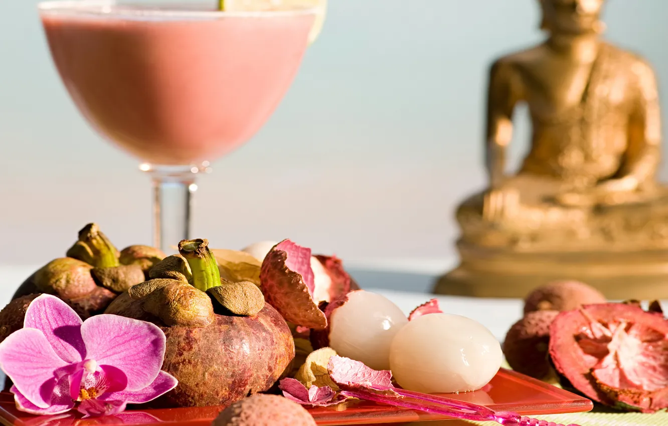 Photo wallpaper flowers, cocktail, summer, beach, Buddha, drink, cocktail, fruits