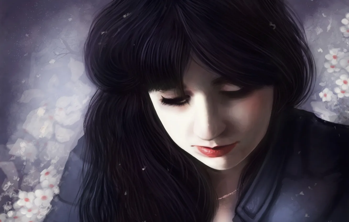 Photo wallpaper girl, snow, flowers, face, background, hair, art, painting