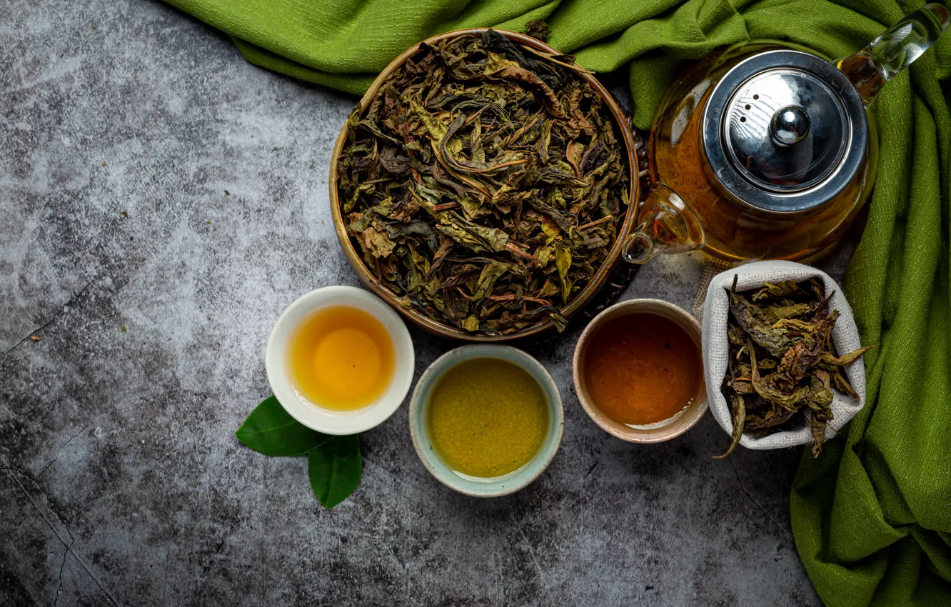 Photo wallpaper green, tea, towel, kettle, Cup, welding