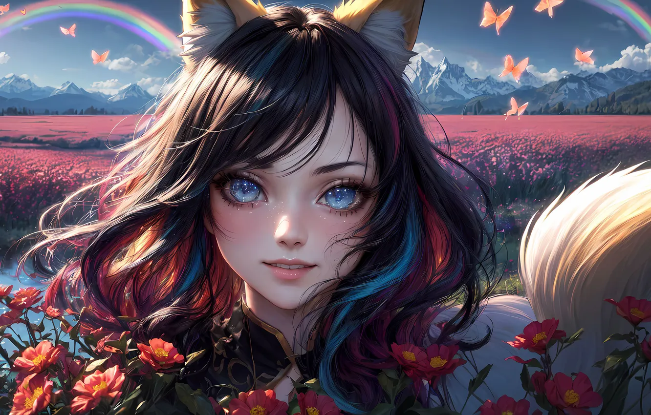 Photo wallpaper girl, flowers, anime, Fox