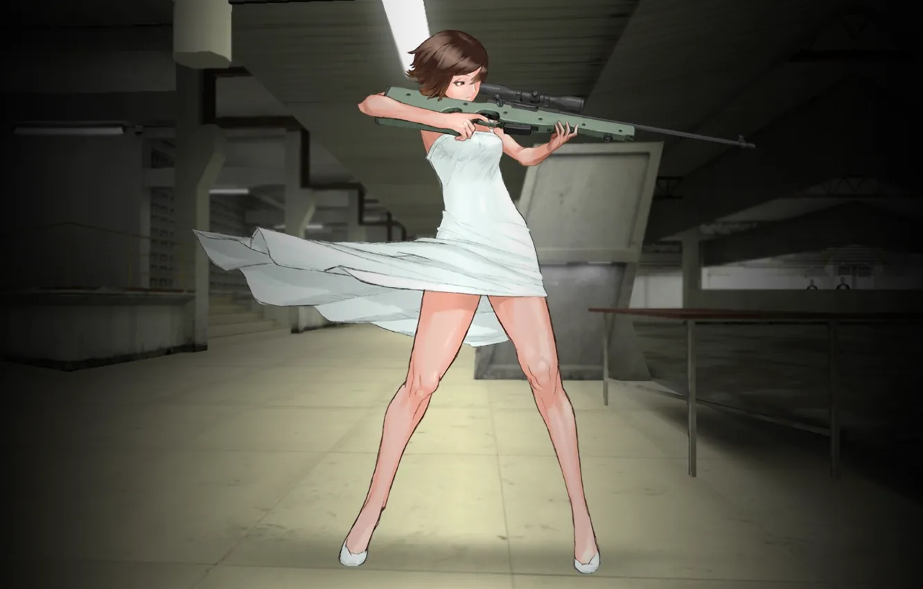 Photo wallpaper girl, the wind, dress, sniper, sight, rifle