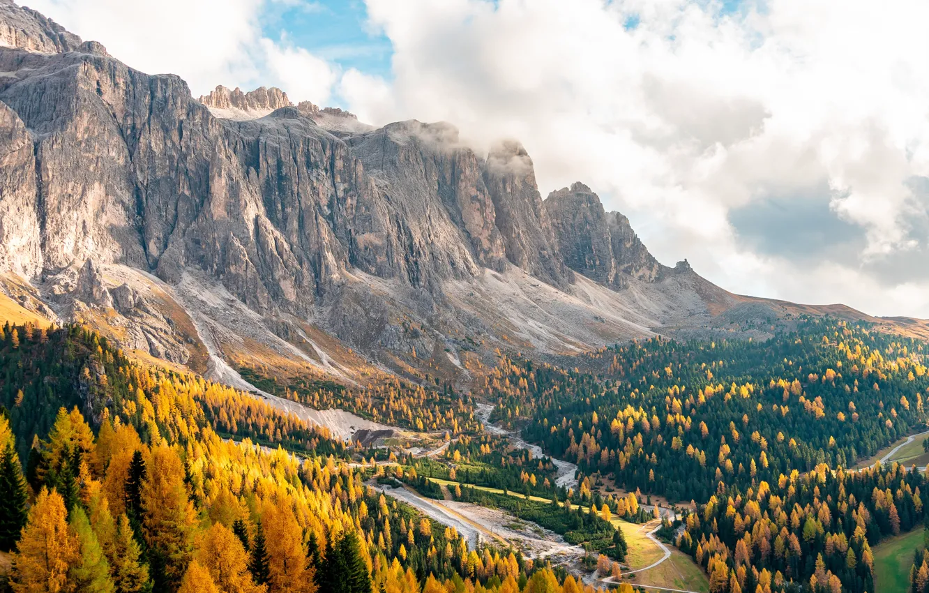 Photo wallpaper autumn, mountains, italy, cliff, gardena pass